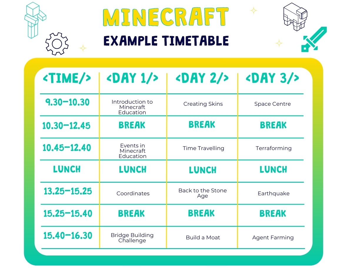 Minecraft coding Barnet example timetable