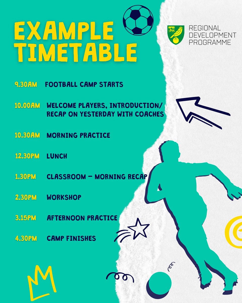 Norwich City RDP football camp example timetable at Barracudas